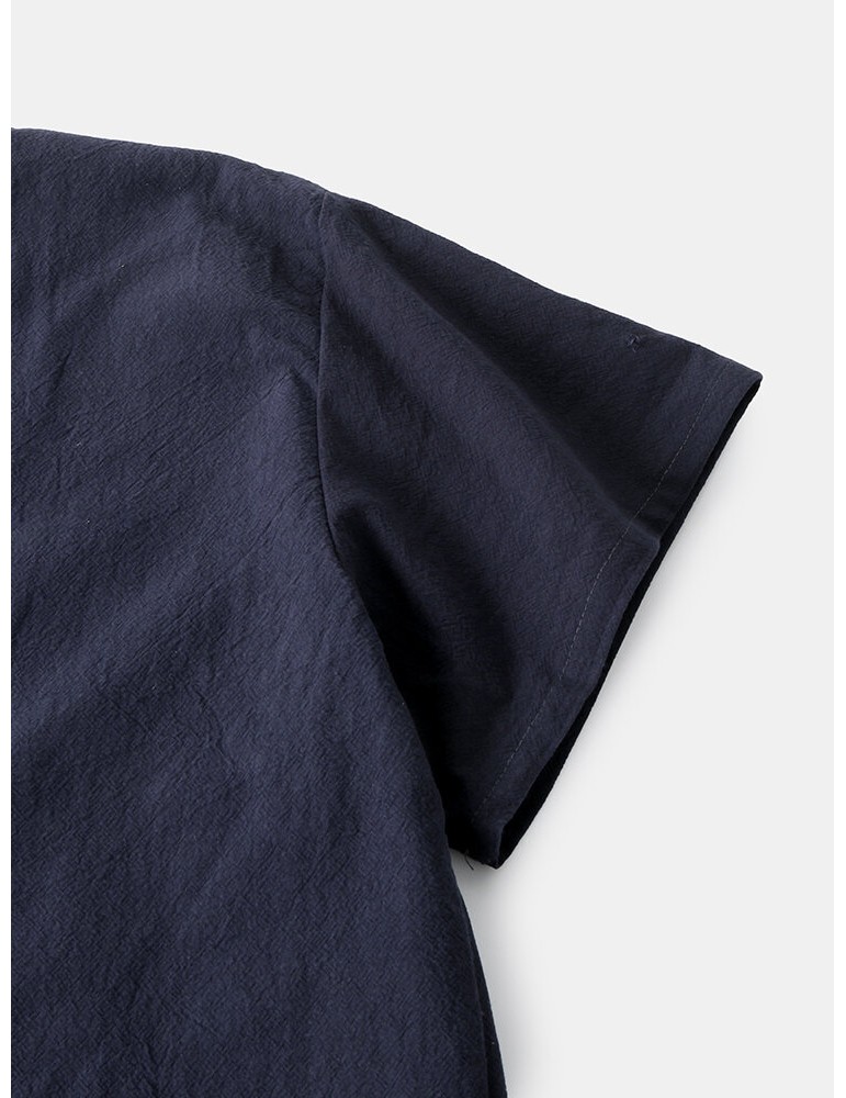 Pajamas - Mens Cotton Vintage Print V-Neck Tie Side Kimono Relaxed Fit Short Pajamas Sets