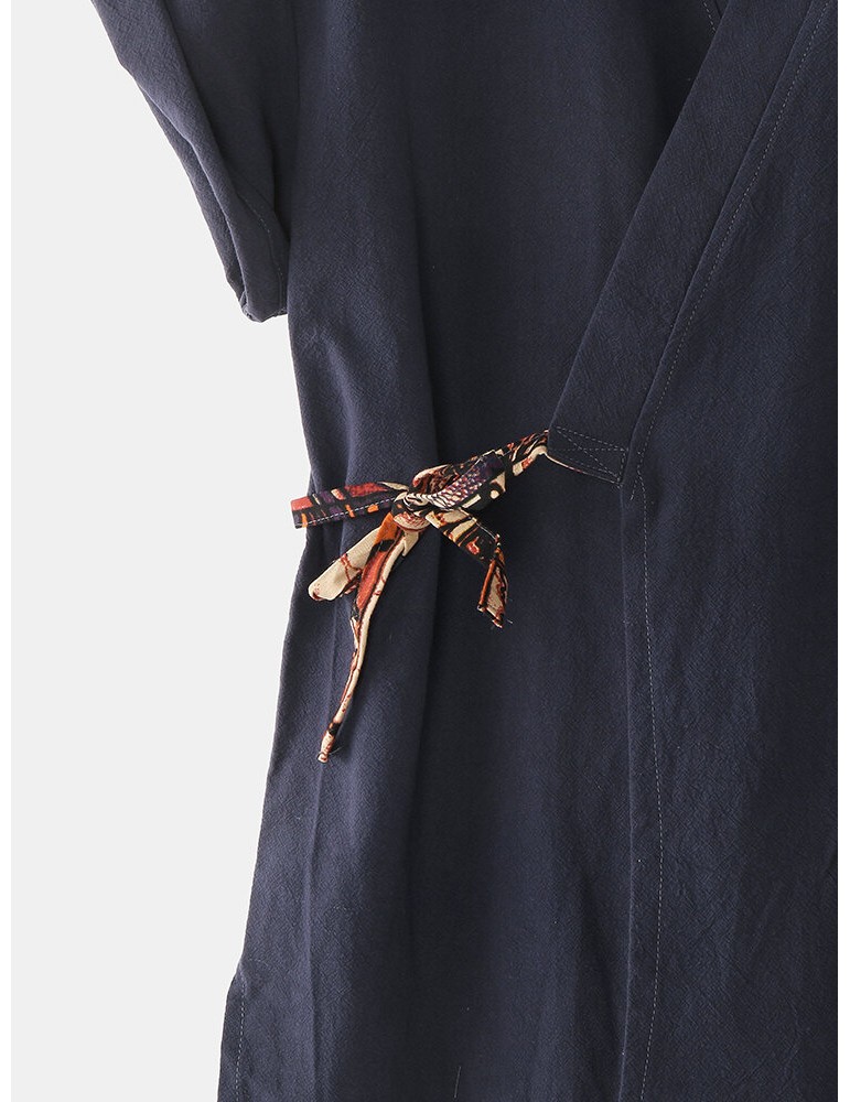 Pajamas - Mens Cotton Vintage Print V-Neck Tie Side Kimono Relaxed Fit Short Pajamas Sets