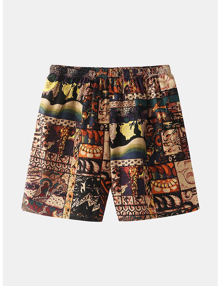Pajamas - Mens Cotton Vintage Print V-Neck Tie Side Kimono Relaxed Fit Short Pajamas Sets