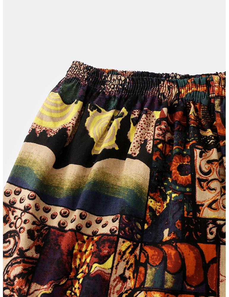 Pajamas - Mens Cotton Vintage Print V-Neck Tie Side Kimono Relaxed Fit Short Pajamas Sets