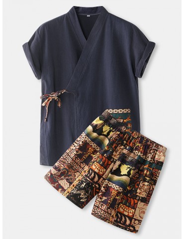Mens Cotton Vintage Print V-Neck Tie Side Kimono Relaxed Fit Short Pajamas Sets