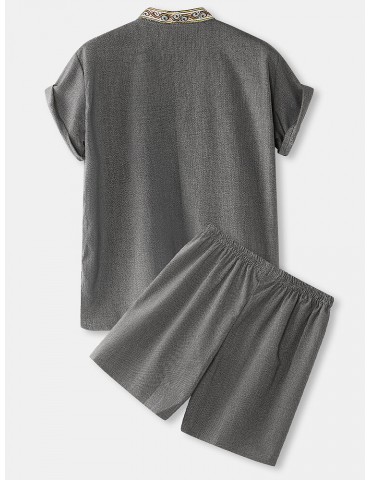 Mens Vintage Pattern V-Neck Tie Side Kimono Cotton Loose Short Loungewear Sets