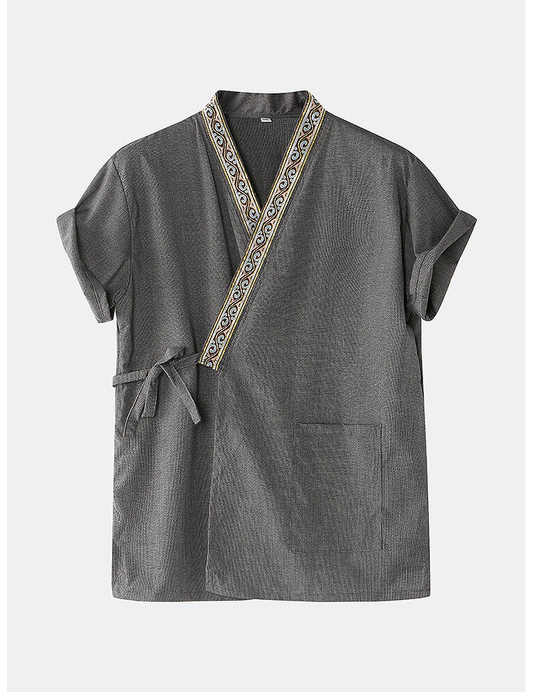 Pajamas - Mens Vintage Pattern V-Neck Tie Side Kimono Cotton Loose Short Loungewear Sets