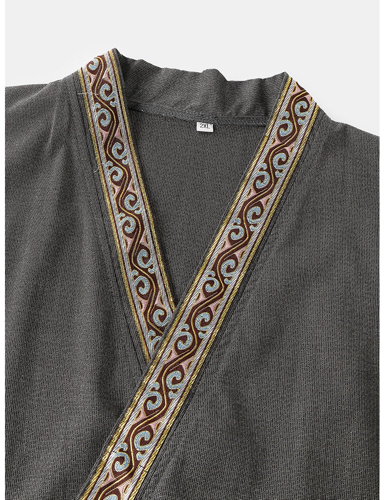 Pajamas - Mens Vintage Pattern V-Neck Tie Side Kimono Cotton Loose Short Loungewear Sets