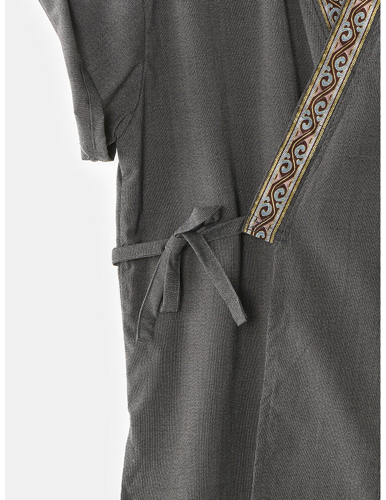 Pajamas - Mens Vintage Pattern V-Neck Tie Side Kimono Cotton Loose Short Loungewear Sets
