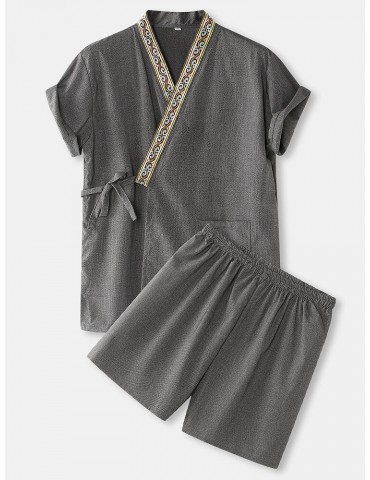 Mens Vintage Pattern V-Neck Tie Side Kimono Cotton Loose Short Loungewear Sets