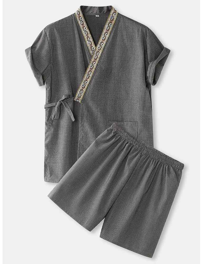 Pajamas - Mens Vintage Pattern V-Neck Tie Side Kimono Cotton Loose Short Loungewear Sets
